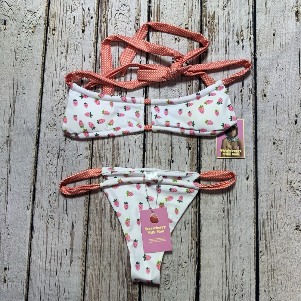 Strawberry Milk Mob Pink Fruit Print String Bikini Set Top Bottoms Medium NWT